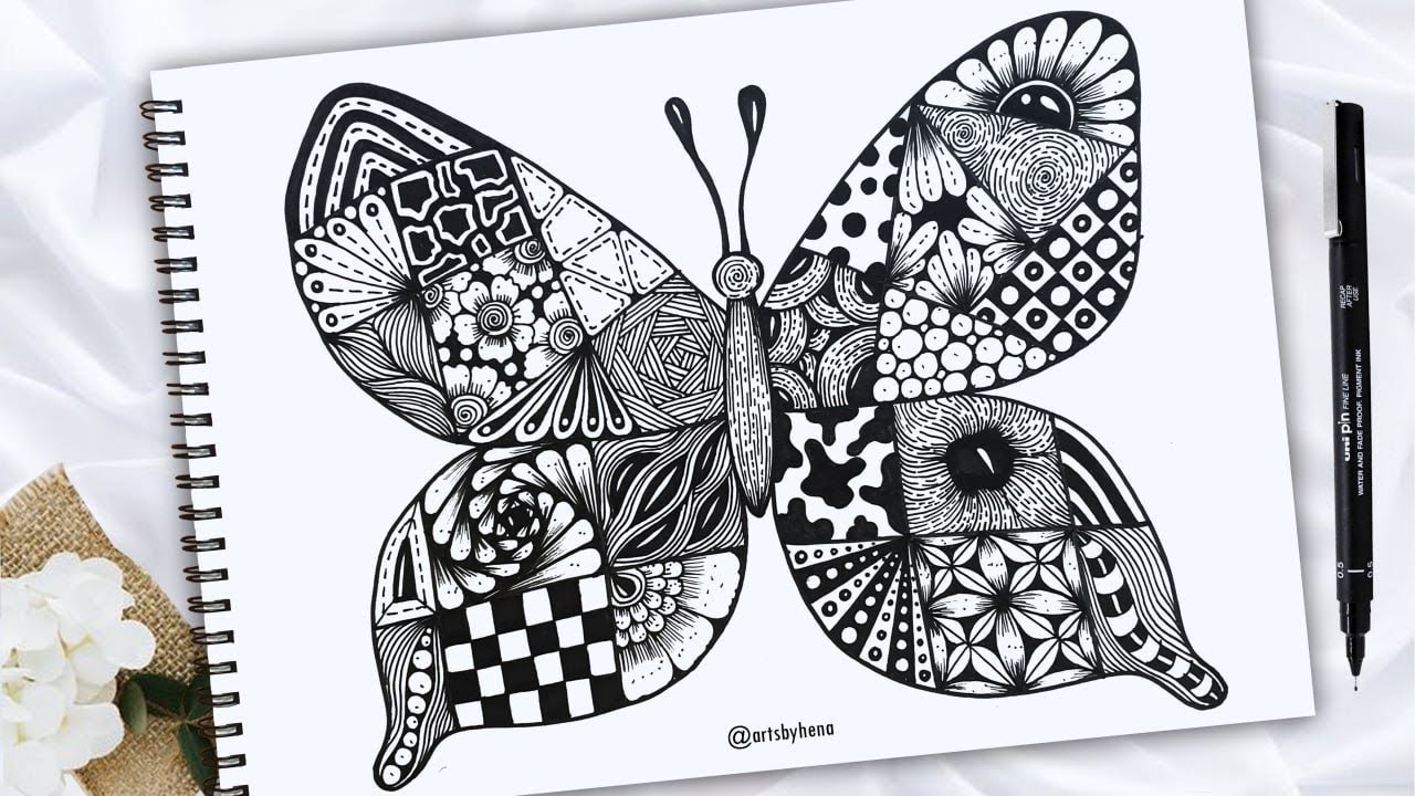 Butterfly Zentangle patterns | Easy Zentangle Butterfly For Beginners