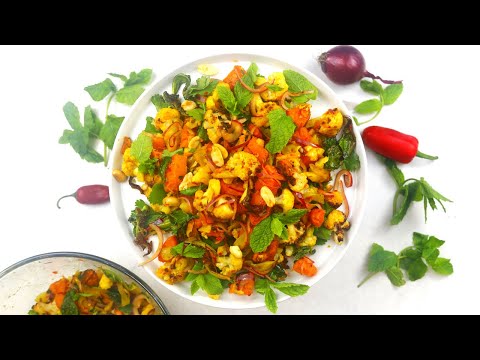 Roasted Cauliflower and Sweet Potato Salad in sweet and sour Onion dressing | Healthy Vegan recipe