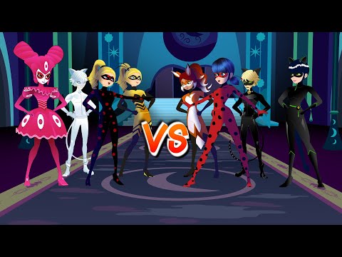 Ladynoir, Cat Noir, Ladybug y Rena Rouge vs Reflekdoll, Cat Blanc, Antibug y Queen Bee