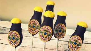 Beer bottle cake pops tutorial. Fathers day idea cake pops. Make with kids with dads favourite logo