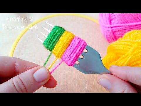 It's so Beautiful !! Superb Woolen Flower Making Trick Using Fork - Hand Embroidery Amazing Flowers