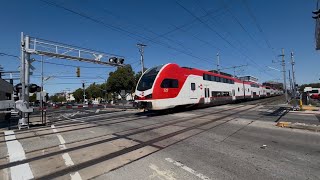 Caltrain Stadler KISS EMUs Pass Each Other at Redwood City - Centennial (Brewster Ave)