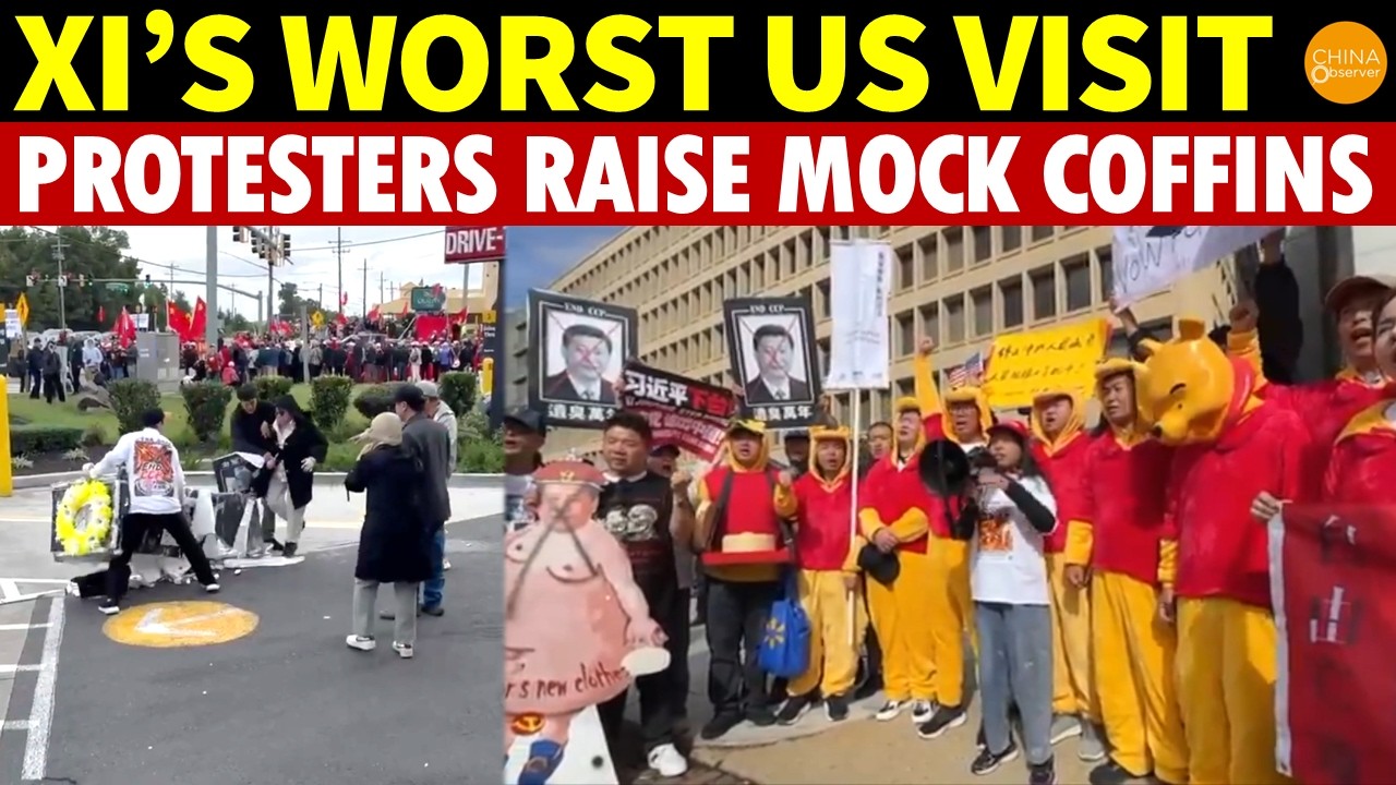 Xi’s Worst U.S. Visit: Protesters Raise Mock Coffins, Crowd Shouts “CCP and Xi Step Down”