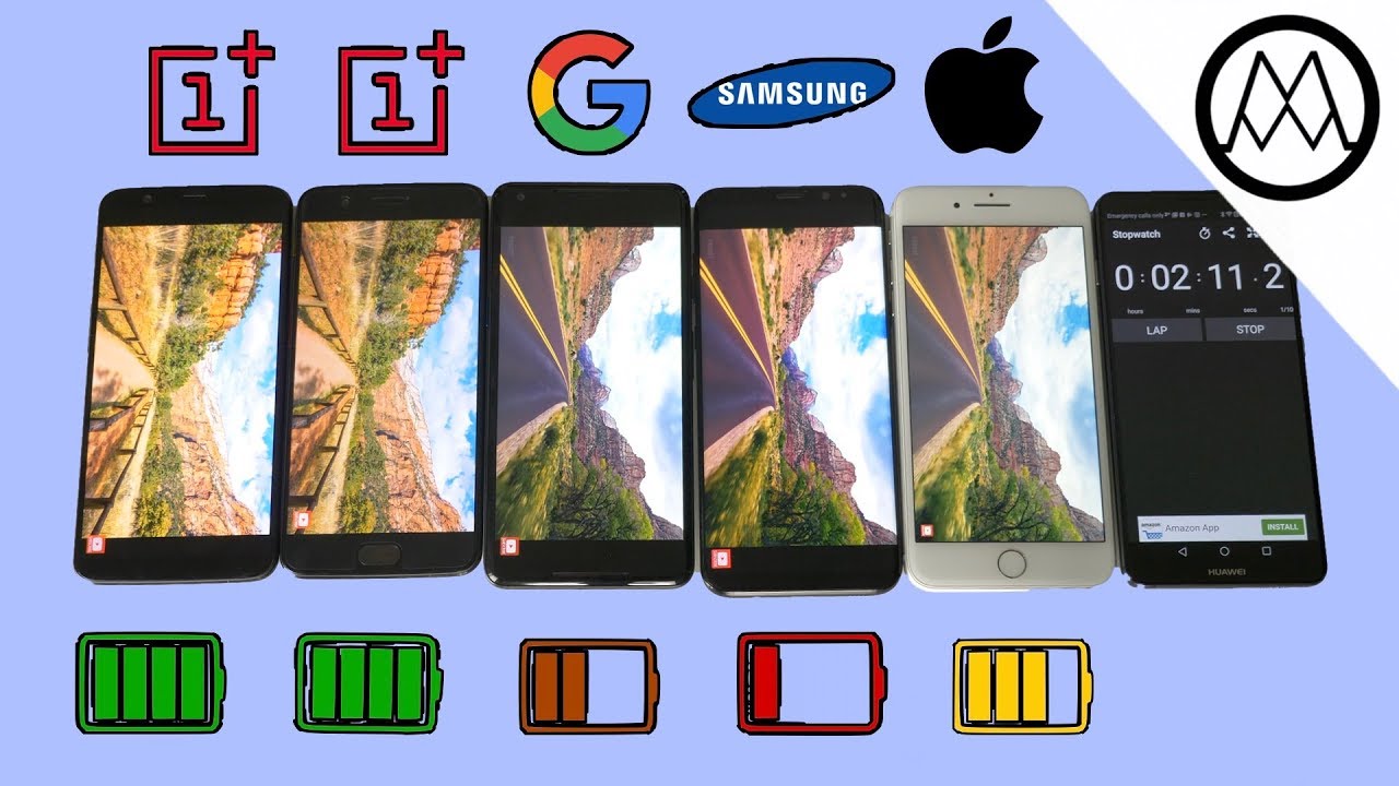 Oneplus 5T vs Pixel 2 XL vs S8 vs iPhone 8 Battery life Drain Test!