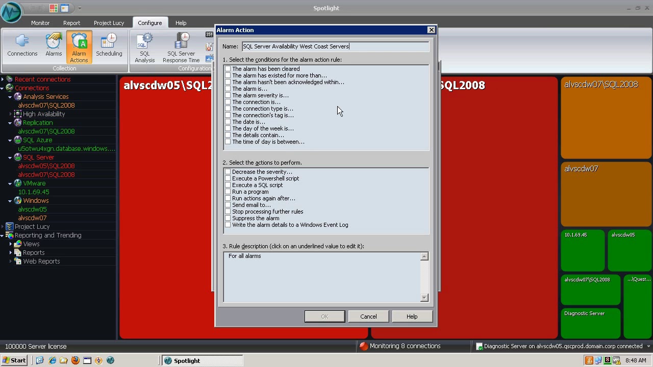 How to take actions based on Spotlight on SQL Server Enterprise alarms