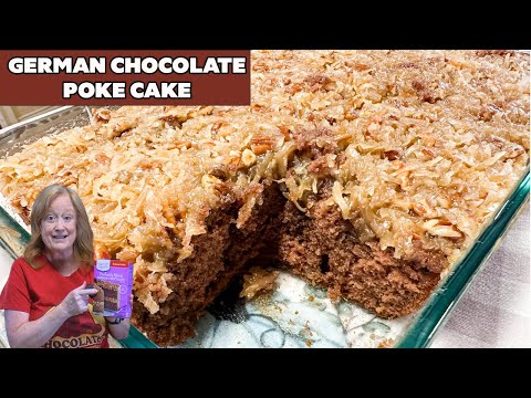 Easy GERMAN CHOCOLATE POKE CAKE from cake mix with DELICIOUS FROSTING