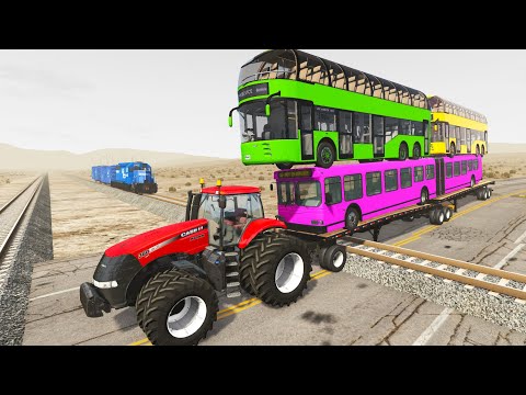 Two Limousine Long Bus Cars Flatbed Trailer Tractor Truck Car Rescue - Cars vs Trains and Rails PA2