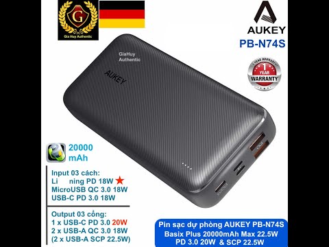 Pin dự phòng AUKEY PB-N74S Basix Plus 20000mAh PD 20W & SCP 22.5W/ QC 3.0 18W (3 Output, 3 Input)