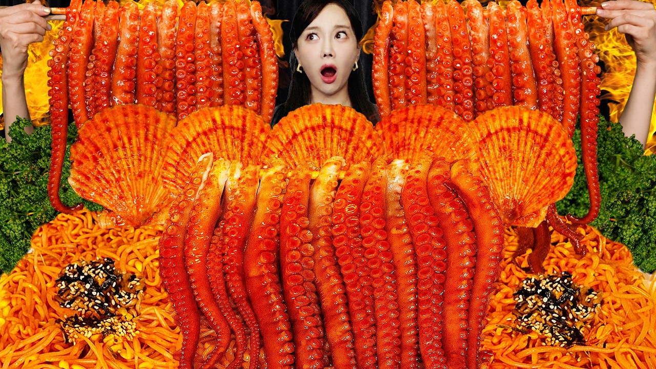 매운 콩나물 불닭볶음면 🔥 대왕 낙지 통다리 먹방 🐙 Spicy Fire Noodles Buldak & Giant Octopus Mukbang Ssoyoung ASMR