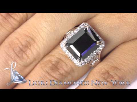 BDR-SOLD-045 - 7.63 Carat Certified Emerald Cut Black Diamond Ring 18k Pave Halo Vintage Style