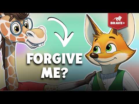 Cartoon giraffe and fox facing each other with bold 'FORGIVE ME?' text; Brave+ logo in the corner, forgiveness theme for kids.