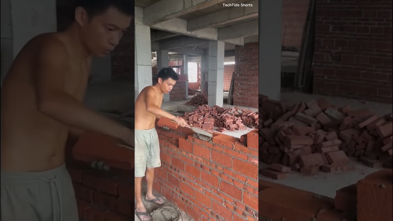 Skilled Worker Builds Brick Wall with Incredible Precision | Amazing Bricklaying!