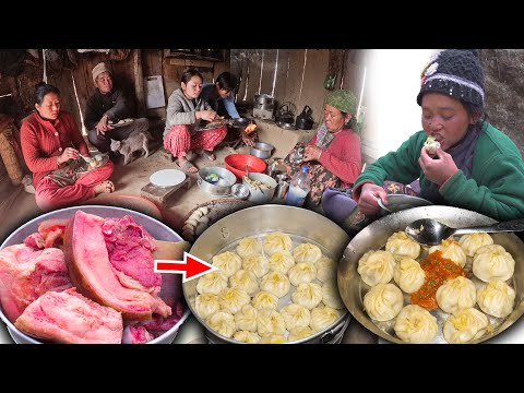 Home made pork momo Cooking & Eating in village kitchen with family | momo recipe | How to make MOMO