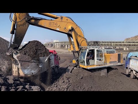 Liebherr 974 Excavator Loading Coal On Mercedes And MAN Trucks