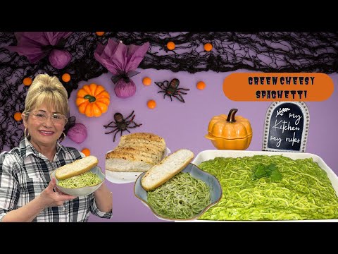 Cheesy Green Spaghetti Pasta Great Dinner for Halloween Foodies 2023