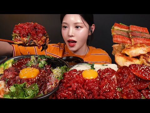 Yukhoe Bibimbap with Spicy Marinated Crab & Assorted Korean Pancakes Home Meal Mukbang ASMR