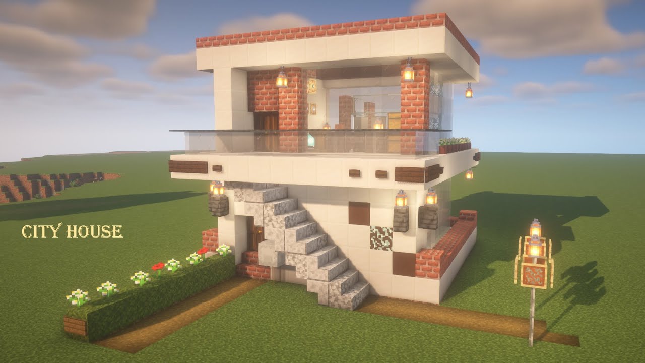 [マイクラ建築]おしゃれで可愛いモダンハウスの作り方 クォーツとレンガで作るお家[Minecraft][tutorial][survival ...