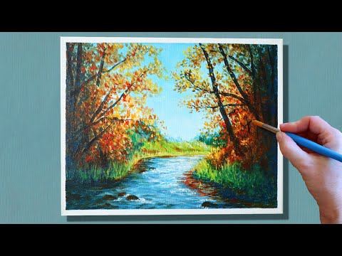 Woodland Stream🍂Autumn Acrylic Painting for Beginners Easy/How to paint Autumn Landscape