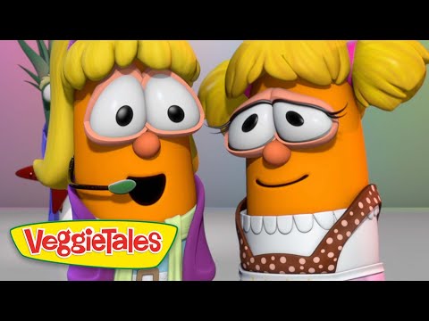 Two carrot-shaped VeggieTales characters with blonde hair smile at each other, one wearing a headset, logo visible at the bottom left.
