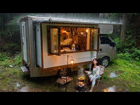 ☔️ Relaxing rain camping with a dog in a cabin truck amidst ceaseless torrential rain, Rain ASMR