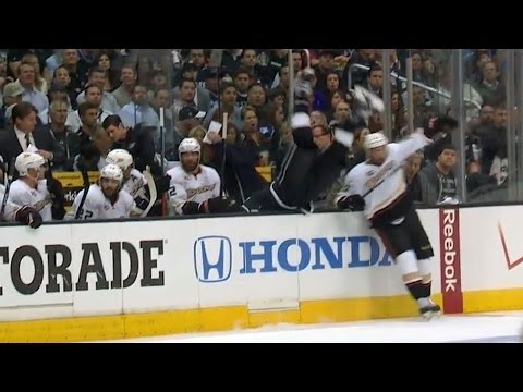 Matt Beleskey flips Doughty over the boards