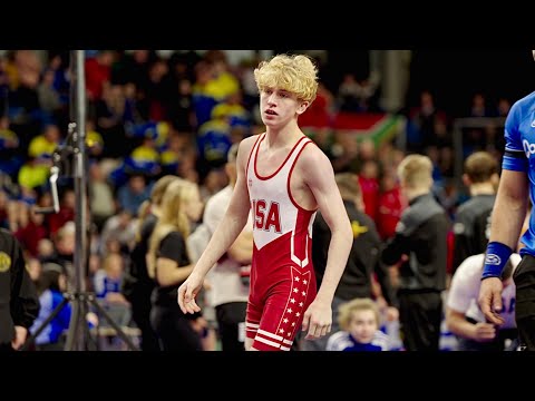 U15 Anthony Landrum (USA) vs Kimo Anderhub (SUI) 52kg. Greco-roman boys youth wrestling. B-cam-man
