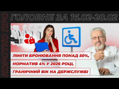 відео прев’ю для Ліміти бронювання по-новому, норматив 4%, підвищення віку держслужби та відновлення призупинених договорів. Коротко про головне за тиждень 16.02–20.02.2026