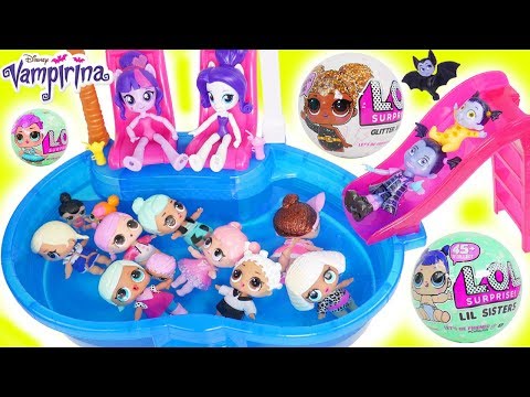 LOL Surprise Dolls Lil Sisters at Barbie Pool find Glitter Surprises