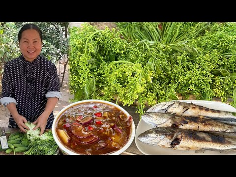 Rural Food Cooking – Grilled Fish with Homemade Dipping Sauce & Fresh Vegetables from the Village 🌿🐟