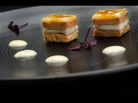 Caramelized millefeuille with foie gras, smoked eel, spring onion, and apple - Martin Berasategui