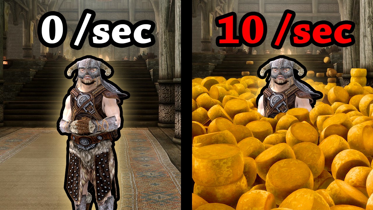 Skyrim, but NPCs spawn a Cheese Wheel every second