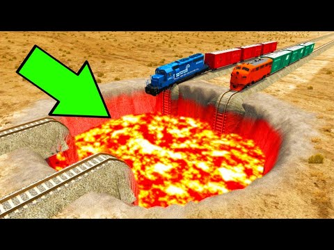 Cars Vs Giant Crater - Trains Vs Giant Lava Pit - BeamNG.Drive