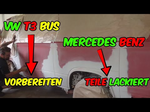 Mercedes Teile lackiert und VW T3 Bus Restauration zum lackieren vorbereitet
