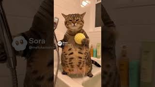 ごきげんで体を洗う猫