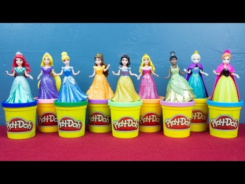 Ariel Elsa Anna Rapunzel Cinderella Snow White Aurora Tiana Belle Disney Princess Play Doh Dress Up Video