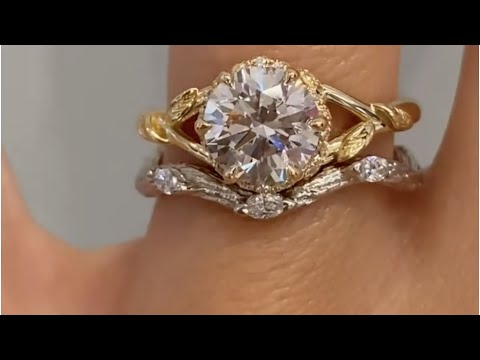 Farah & Belkis - Sculptural Nature Inspired Gold & Platinum 1.50ct Round Diamond Wedding Ring Set