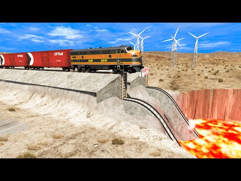 Trains vs Unfinished Railway with Giant Pit Deep Lava - BeamNG.Drive