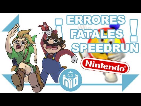Speedrunner frustrado frente a una pantalla de juego de Nintendo con el texto 'Speedrun Desastrosos'