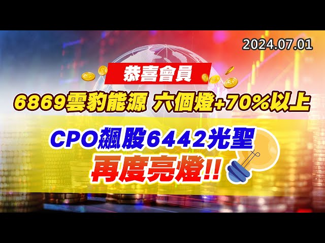 20240701《股市最錢線》#高閔漳 ”恭喜會員，6869雲豹能源，六個燈+70%以上“”CPO飆股6442光聖，再度亮燈“