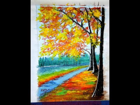 Oil pastel drawing/How to draw autumn tree scenery with oil pastel Video