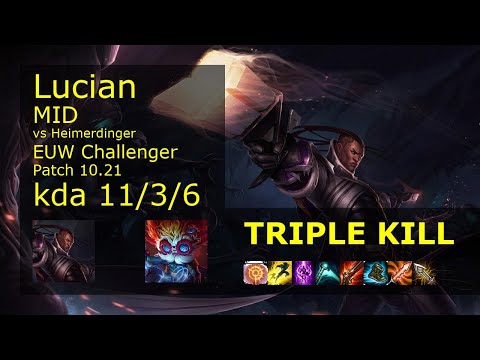 Lucian vs Heimerdinger Mid - EUW Challenger 11/3/6 Patch 10.21 Gameplay