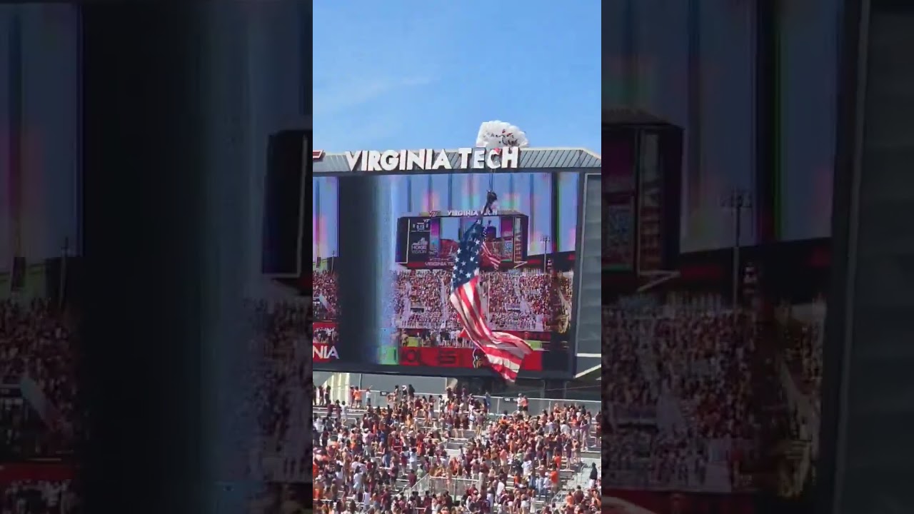 Parachutist Gets Stuck on Scoreboard #vatech #football #news