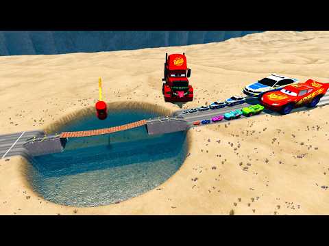 Big & Small McQueen & Police Car vs Zombie Mack,Giant Water Pit & Hammer Downhill Race -BeamNG.drive