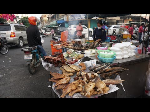 Yummy Many Various Street Food @Olympic Market - Evening Street Vegetable Market Scene in Town