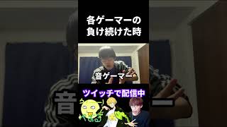 各ゲーマーの負け続けた時の違い【実写あるある】 #fps #valorant  #ストリートファイター6 #音ゲー #チュウニズム #スプラトゥーン3 (再掲)