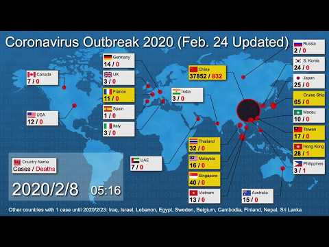 (2/24 Update) Coronavirus Spread World Map (COVID-19) Deaths & Cases by Country