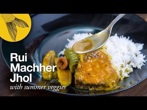 Machher jhol recipe—potol, jhinge, alu diye jeere ada bata jhol—Rohu fish curry with summer veggies