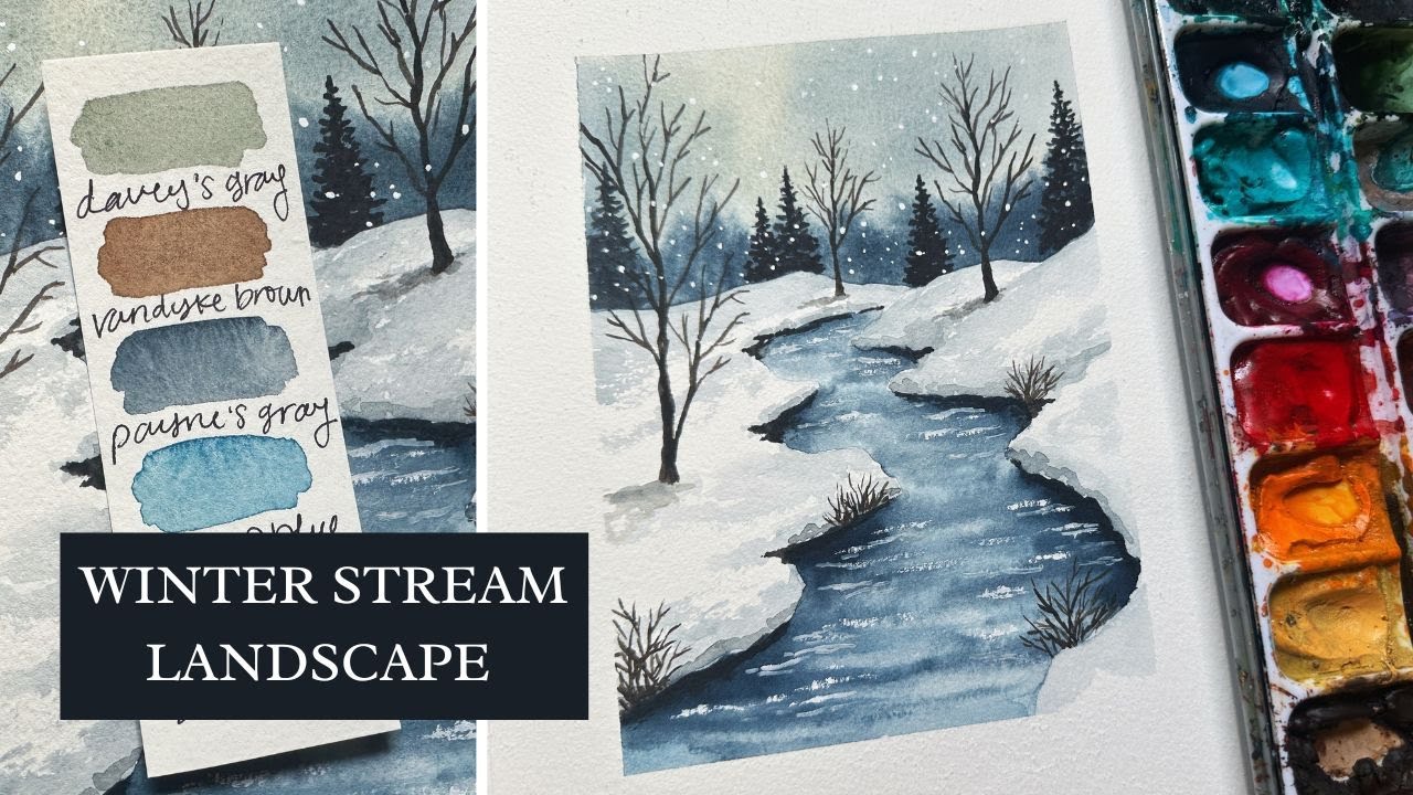 WATERCOLOR Winter Landscape TUTORIAL | Pine Trees | Stream with Snow Bank | Step by Step