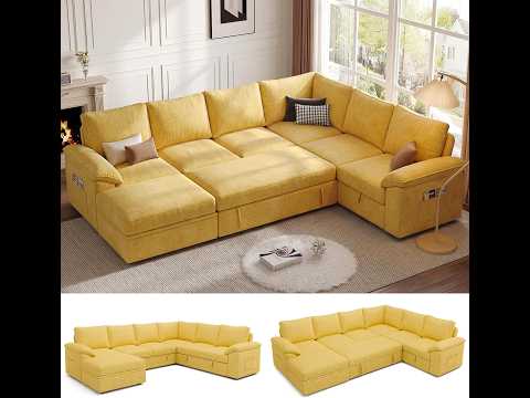 SUAWY 108 Inch Modular Sectional Sofa with Pull Out Bed, U Shaped 7 Seat Sectional Sleeper Sofa with Storage, Sectional Couches for Living Room,Cloud Modular Couch, Removable Sofa Cover, Black video review thumbnail