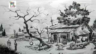 How To Draw Easy and Simple Village Scenery With Pencil Step by Step | Scenery Drawing